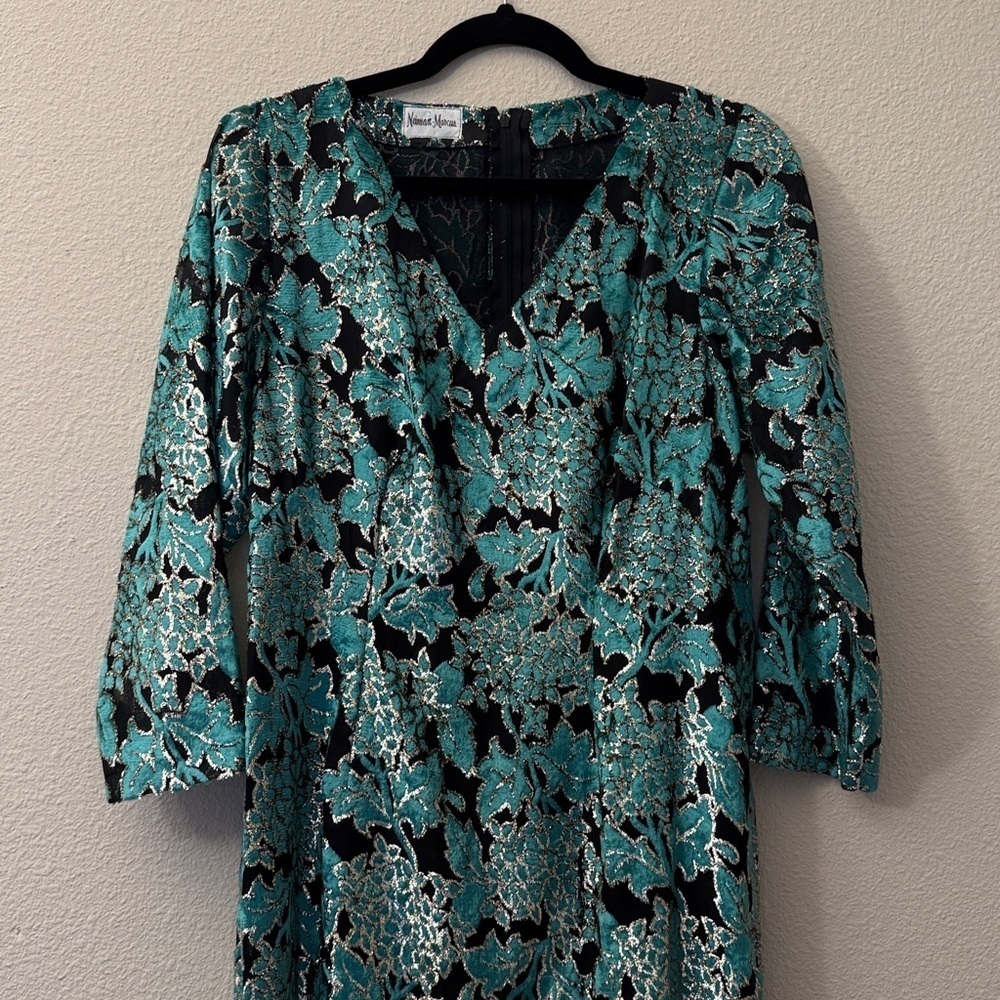 Neiman Marcus green and Black Floral burnout, Long Sleeve metallic Dress - Picture 5 of 10